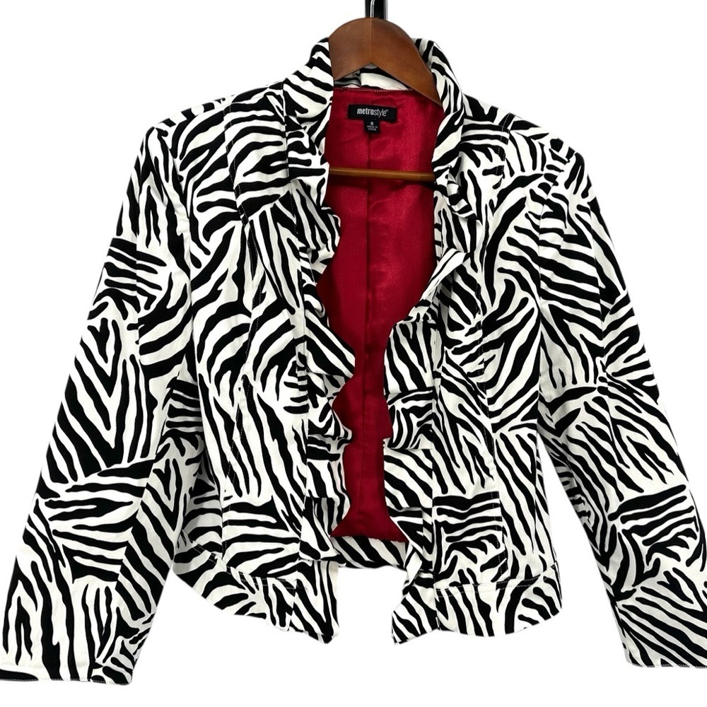 METROSTYLE Ivory & Black Animal Print Ruffle Collar Cotton Open Blazer Women's 8